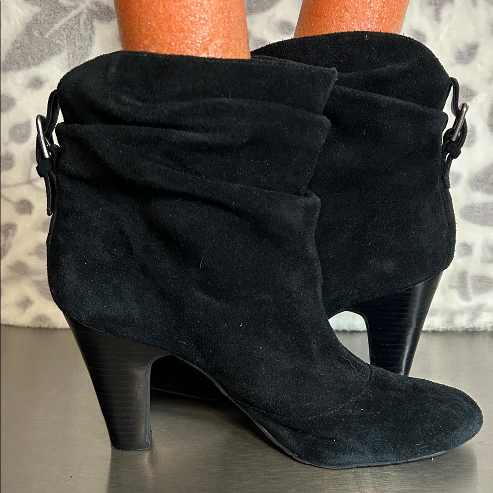 BCBG Paris, black suede slouch heeled booties size 9.5